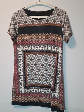 Marie Claire Boho Print Shift Dress Short Sleeve Mini Red Black S